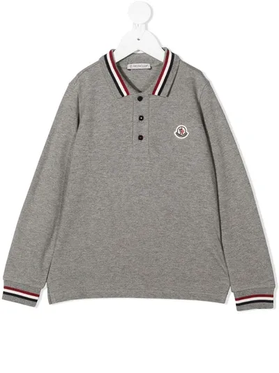 Moncler Kids' Logo-patch Long Sleeved Polo Shirt In Light Grey