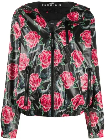 John Richmond Floral-print Hooded Jacket In Black