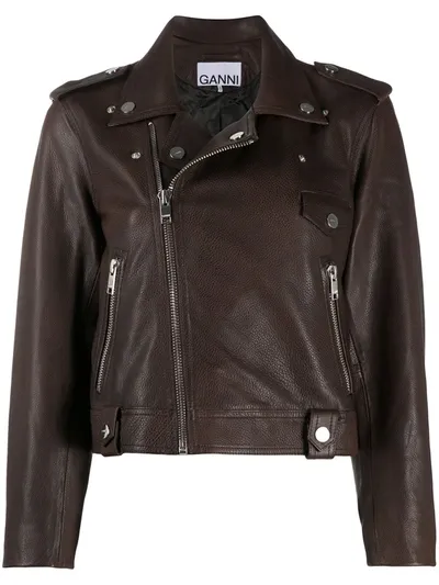 Ganni Cropped Biker Jacket In Brown