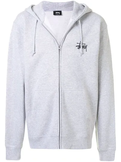 Stussy Basic Logo Print Zipped Hoodie In Grey