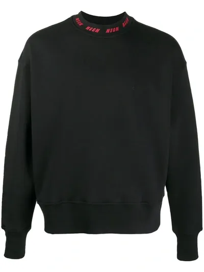 Msgm Red Logo Neck Black Sweater