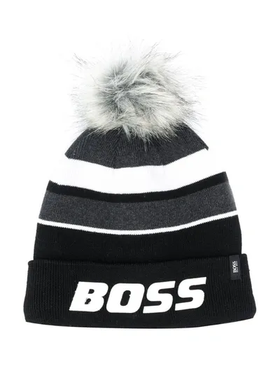 Hugo Boss Kids' Striped Pompom-embellished Beanie In Black