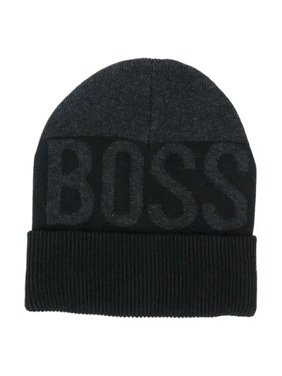 Hugo Boss Kids' Front-logo Knit Beanie In Grey