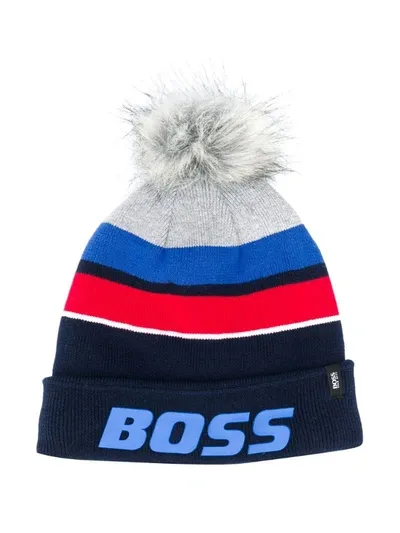 Hugo Boss Kids' Striped Pompom-embellished Beanie In Blue