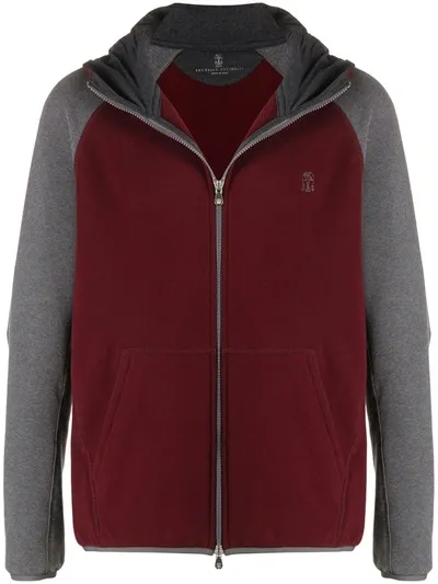 Brunello Cucinelli Colour-block Fleece-back Stretch-cotton Jersey Zip-up Hoodie In Red