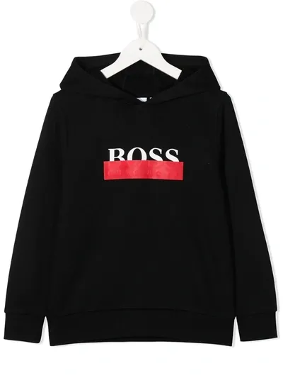 Hugo Boss Kids' Contrasting Tape Rib-trimmed Hoodie In Black