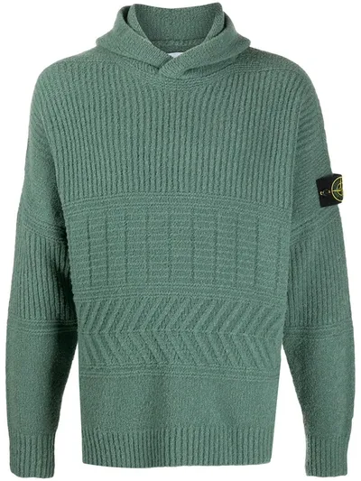 Stone Island Ribbed-knit Logo Patch Hoodie In Green