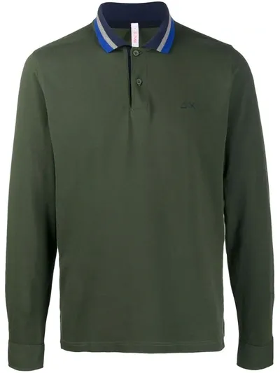 Sun 68 Striped Collar Long-sleeve Polo Shirt In Green