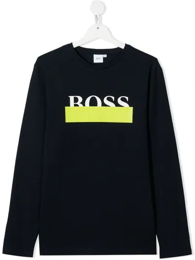 Hugo Boss Teen Logo Print Long-sleeve Top In Blue