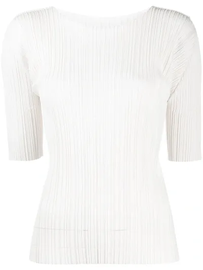 Issey Miyake Pleated Cropped Sleeve Top In White