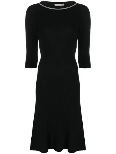 D-exterior Embellished Neck Ribbed Midi Dress In Black