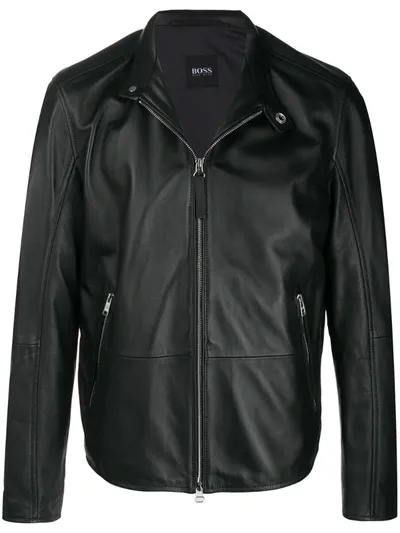 Hugo Boss Zipped Leather Jacket In Black