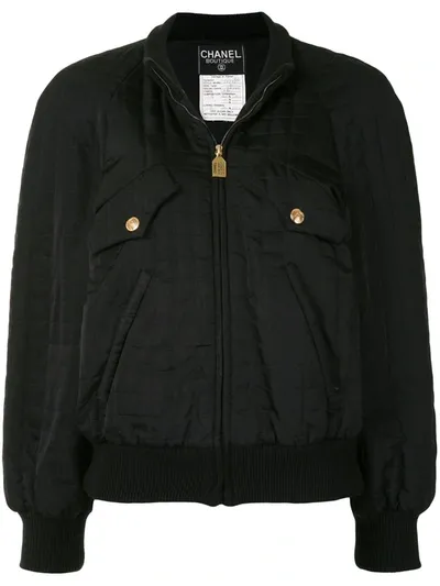 Pre-owned Chanel Choco Bar Silk Bomber Jacket In Black