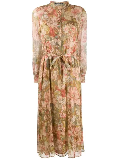 Luisa Cerano Silk Sheer Chocolate Floral Midi Dress In Pink