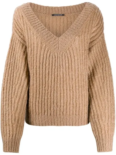 Luisa Cerano Ribbed V-neck Sweater In Brown