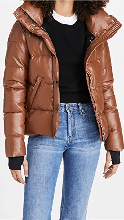 Sam Isabel Vegan Leather Puffer Down Jacket In Saddle