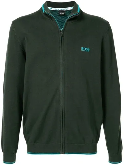 Hugo Boss Embroidered Logo Knit Jacket In Green