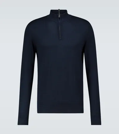 Sunspel Zipped Merino Wool Sweater In Blue