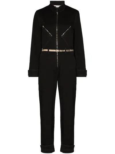 Stella Mccartney Logo-jacquard Belt Denim Jumpsuit In Black