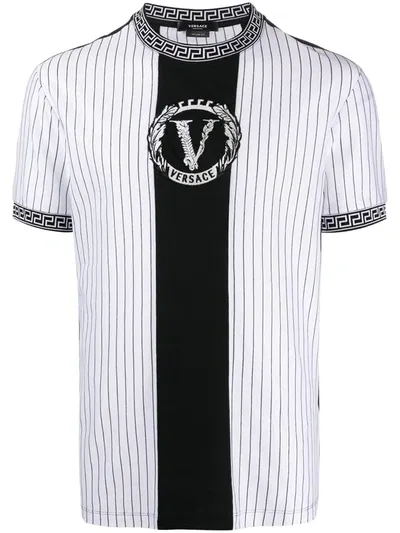 Versace Striped Logo Embroidered T-shirt In White