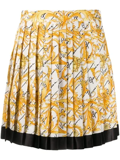 Versace Pleated Printed Silk-twill Mini Skirt In White,gold,black