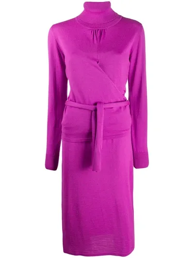 Msgm Tie-waist Fine-knit Dress In Purple