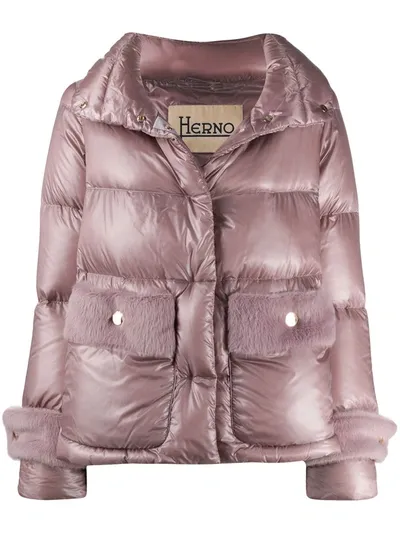 Herno Faux-fur Trimmed Down-feather Jacket In Pink