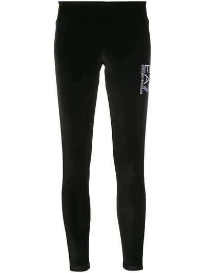 Ea7 Embroidered Logo Velvet Leggings In Black