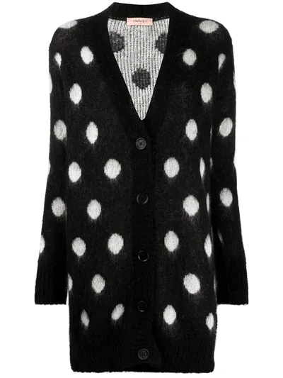 Twinset Polka-dot Print Longline Cardigan In Black