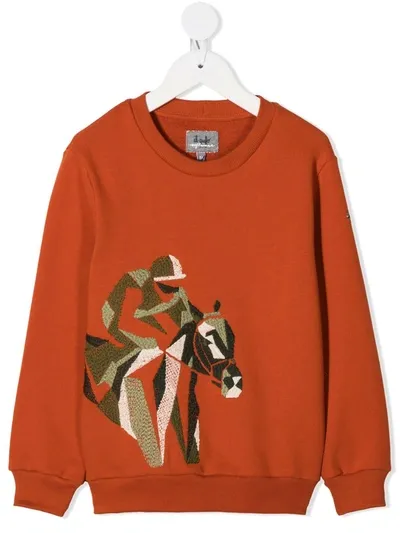 Il Gufo Kids' Jockey Embroidered Round Neck Sweatshirt In Orange