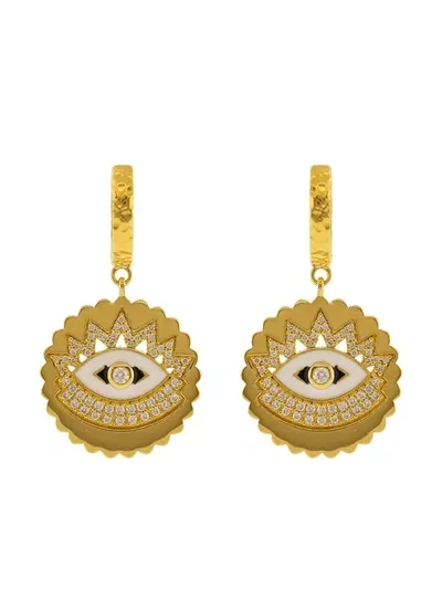 Buddha Mama 20kt Yellow Gold Scalloped Evil Eye Enamel And Diamond Huggie Earrings