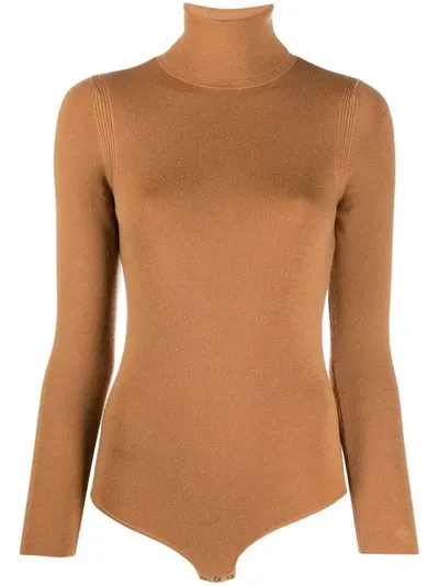 Loulou Studio Fine Knit Roll Neck Bodysuit In Camel