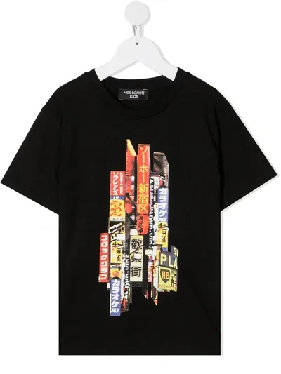 Neil Barrett Kid Black T-shirt With Frontal Graphic Print In Nero