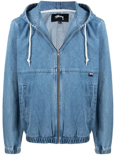 Stussy Hooded Denim Bomber Jacket In Blue