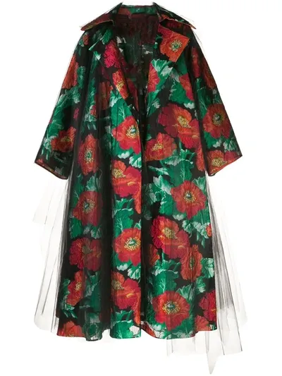 Oscar De La Renta Floral Brocade And Tulle Coat In Black