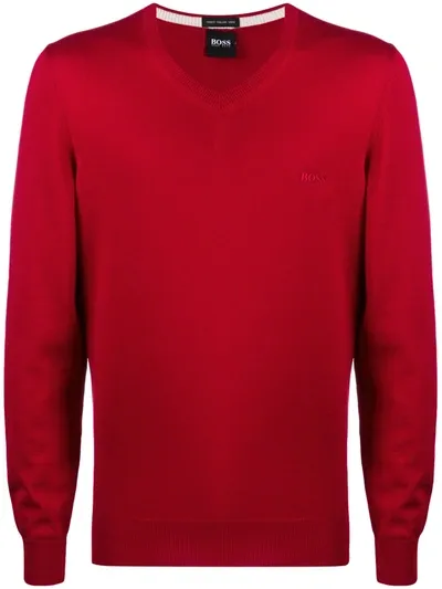 Hugo Boss V-neck Embroidered Logo Sweater In Red