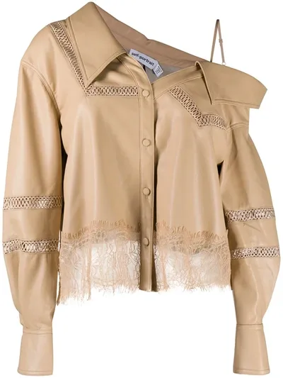 Self-portrait Faux Leather Off-shoulder Shirt In Neutrals