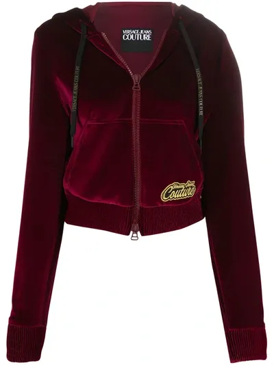 Versace Jeans Couture Velour Logo Patch Zip-up Hoodie In Red