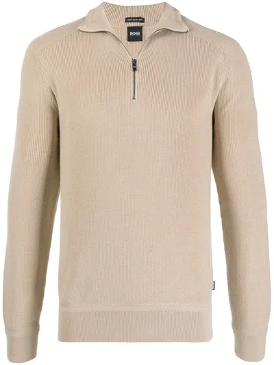 Hugo Boss High Neck Zip Sweatshirt In Neutrals