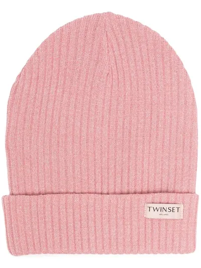 Twinset Logo Patch Beanie In Pink