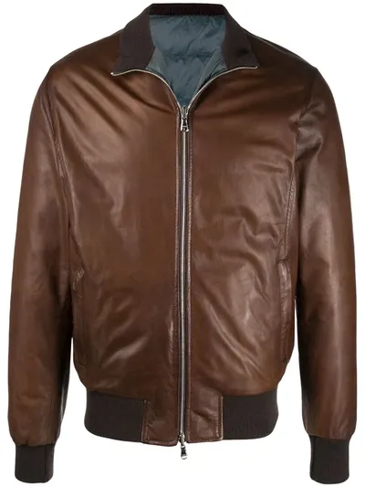 Barba Leather Bomber Jacket In Brown