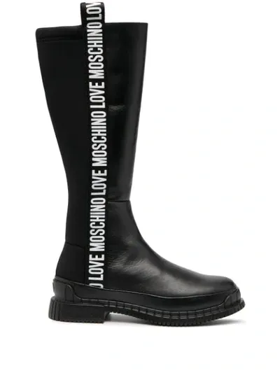 Love Moschino Boots In Calfskin And Neoprene Logo Tape In Black