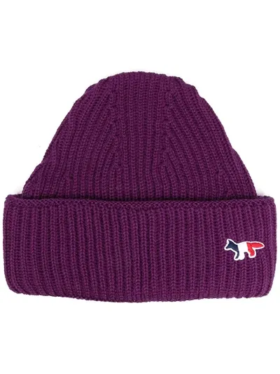 Maison Kitsuné Tricolor Fox Embroidered Beanie In Purple