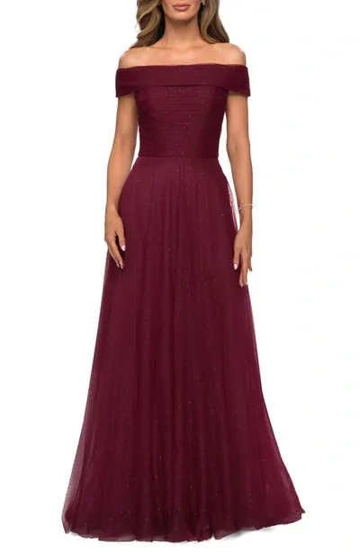 La Femme Embellished Off The Shoulder Mesh Gown In Burgundy