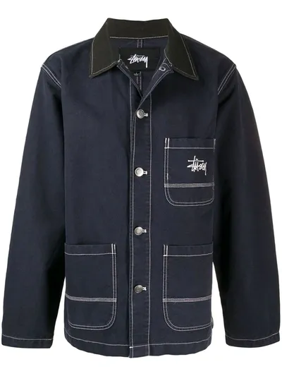 Stussy Logo Embroidery Brushed Cotton Jacket In Blue