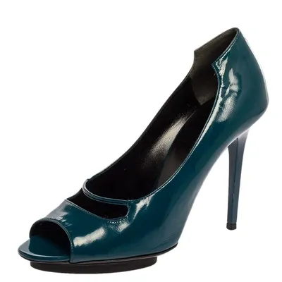 Pre-owned Balenciaga Peacock Blue Patent Leather Peep Toe Pumps Size 39.5