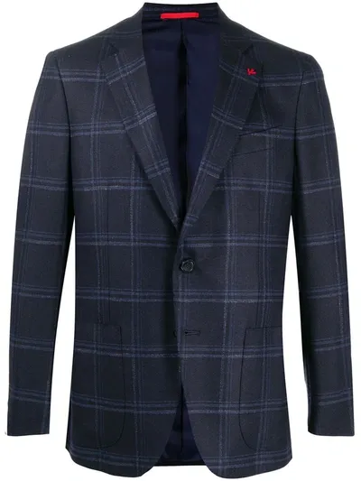 Isaia Lapel-pin Check Blazer In Blue