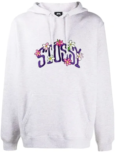 Stussy Floral Logo Print Hoodie In Grey