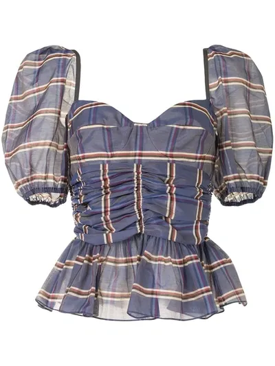 Brock Collection Ruched Striped Cotton And Silk-blend Organza Peplum Top In Blue