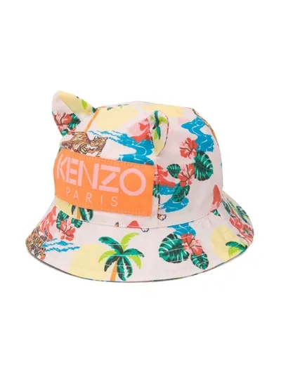 Kenzo Kids' Tropical Print Ears Bucket Hat In Pink